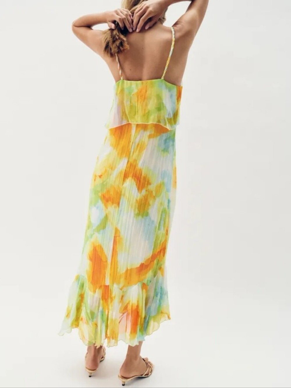 Zara Watercolor Tie-Dye Print Ruffle Midi Dress Sz-L - Picture 5 of 13